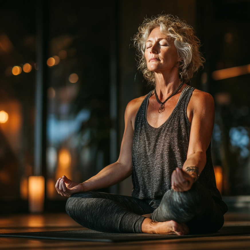 Група людей зрілого віку займається йогою в затишній студії